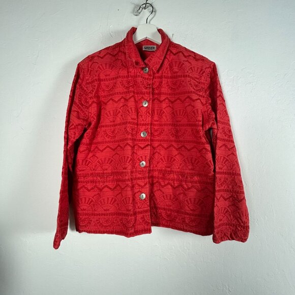 Chico's Design Womens Red Embroidered Cotton Jacket Size 1 Button Front Casual - Picture 1 of 9